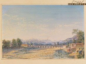 نقاشی آبرنگ از پل قدیم آمل در 190 سال پیش
